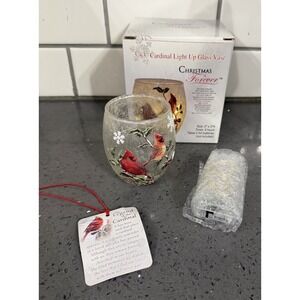 New Frosted Lighted Vase Holly Berry Red Cardinal Light Up 3" X 3"